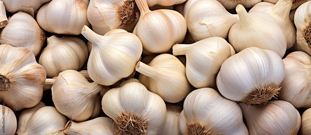 A close up image showcasing numerous garlic bulbs during the harvest with ample copy space available A close up image showcasing numerous garlic bulbs during the harvest with ample copy space available