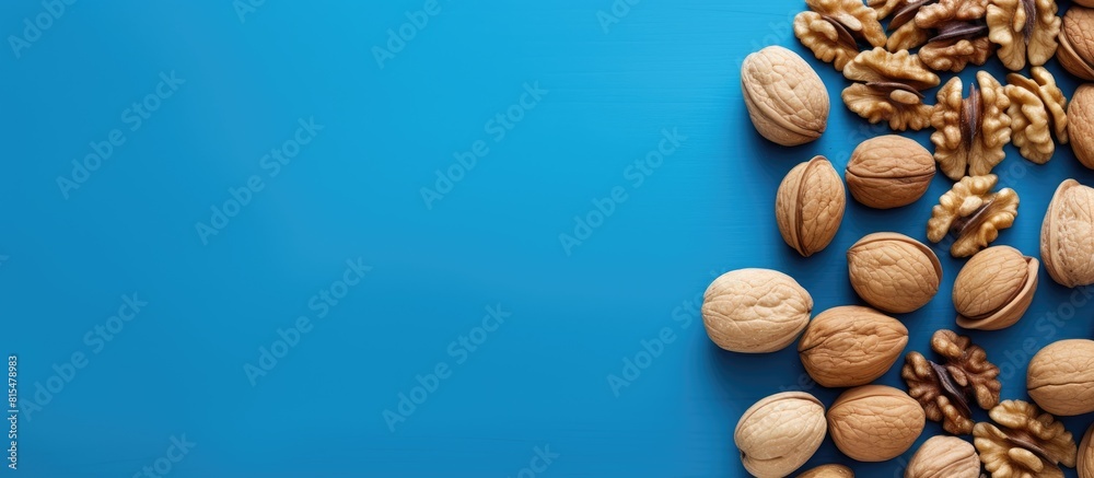 Top view of scattered halves of pulp and whole walnut on a blue background creating a visually pleasing copy space image Top view of scattered halves of pulp and whole walnut on a blue background creating a visually pleasing copy space image