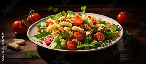 Delicious pasta salad with fresh lettuce copy space image