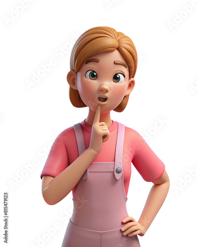 Cute woman hand raises her index finger up thinks over decision making right choice. 3d render isolated transparent