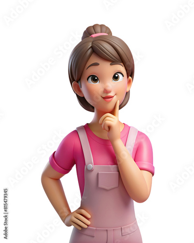 Cute woman hand raises her index finger up thinks over decision making right choice. 3d render isolated transparent