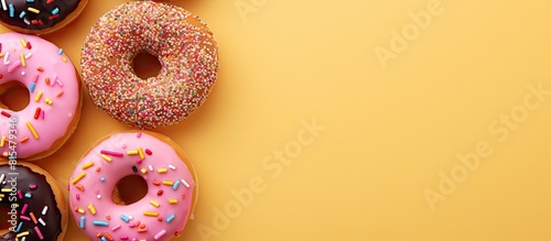 Close up image of vibrant and colorful donuts with sprinkles on a pink background embodying the essence of National Donut or Doughnut day Ample copy space available photo