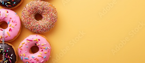Obraz na płótnie Close up image of vibrant and colorful donuts with sprinkles on a pink background embodying the essence of National Donut or Doughnut day Ample copy space available w salonie
