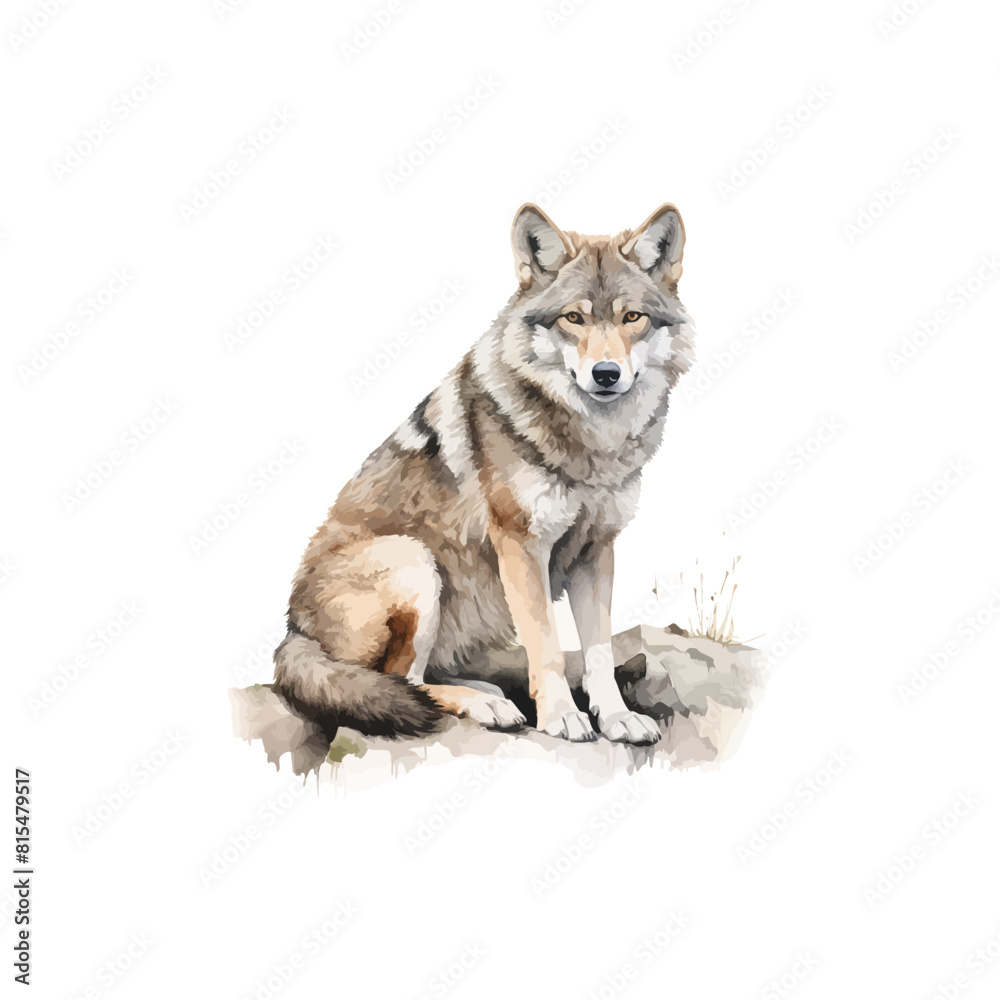 Watercolor Painting of a Seated Gray Wolf. Vector illustration design.