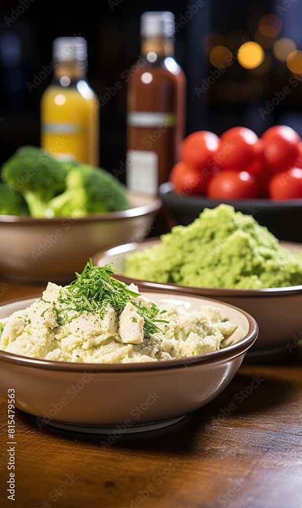 Bowl with porridge, sports equipment and shoes on color background