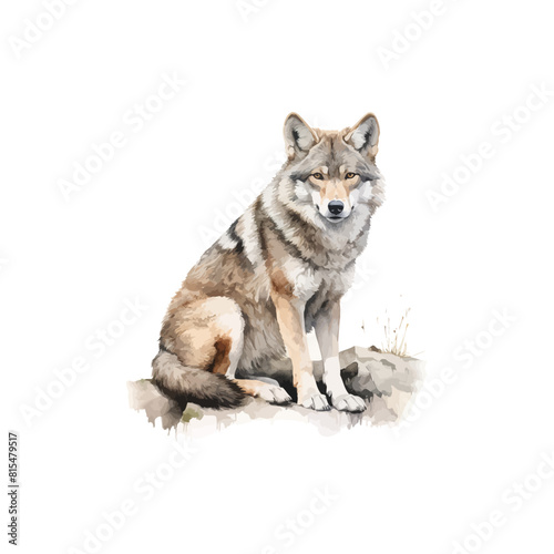 Watercolor Painting of a Seated Gray Wolf. Vector illustration design.