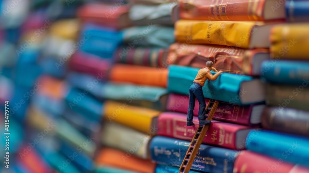 A miniature man is climbing a ladder to reach a book on a stack of books A miniature man is climbing a ladder to reach a book on a stack of books