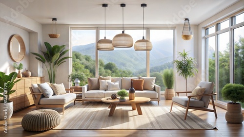 minimalist Boho interior design of modern living room, panorama. Created with generative AI © Bounpaseuth