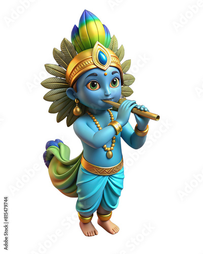 3d illustration of Lord Krishna with flute on a transparent background, Lord Krishna dress and playing bansuri