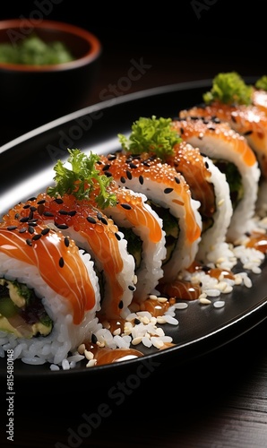 brazilian japanese food isolated on black background brazilian traditional salmon sushi.