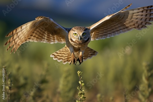 Burrowing owl flying over field during summer and looking camera
