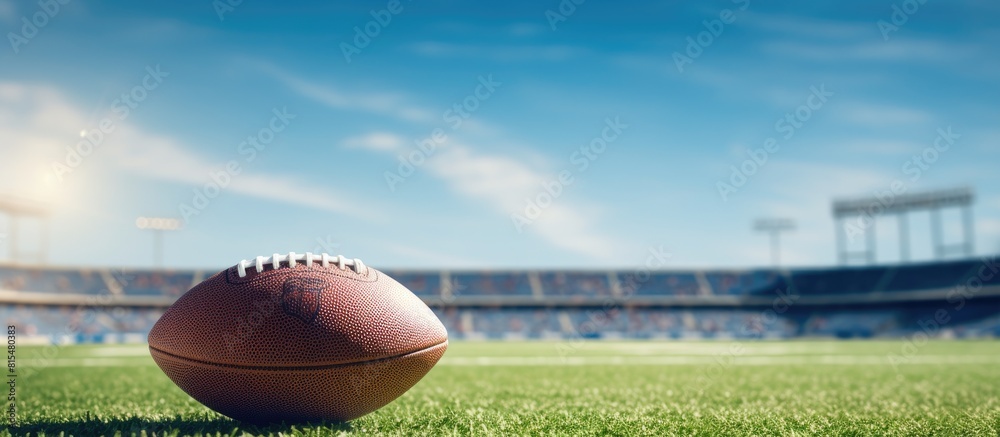 A copy space image of an American Football placed on the stadium turf viewed from a low angle with a blue padded wall in the background A copy space image of an American Football placed on the stadium turf viewed from a low angle with a blue padded wall in the background