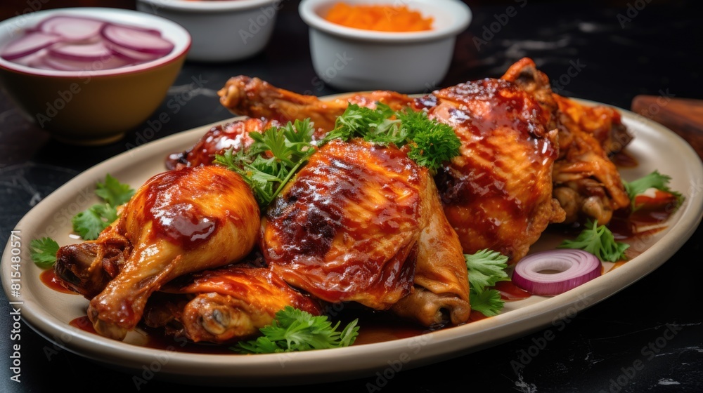 Delicious chicken on tray with ketchup tasty dinner Delicious chicken on tray with ketchup tasty dinner