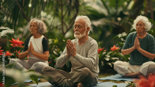 Elderly man exercising by doing yoga in the park. warm morning, Man meditating © P. Chan