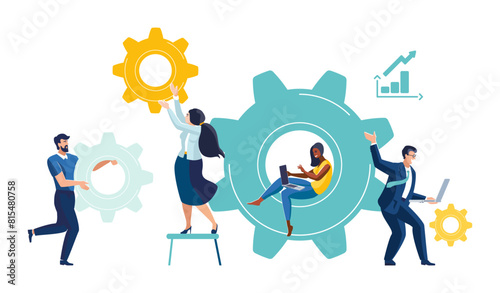 Business graphics. Business team working together on gear mechanism, business development, startup. People use laptops for work. Teamwork, technology, solution, engineering concept.Vector illustration