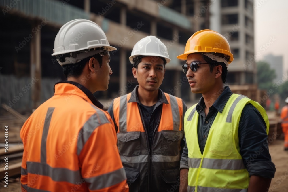 Team meeting of engineers wearing hat and safety suit at construction building site Team meeting of engineers wearing hat and safety suit at construction building site