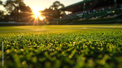 A close-up view captures the flawless surface of the grass in an exciting tennis club match.
