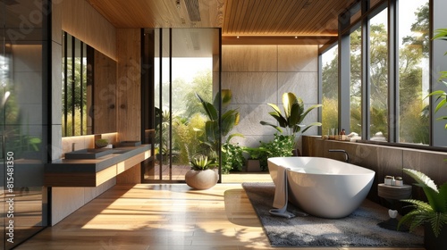 Modern bathroom with lush garden view. AI Generative.