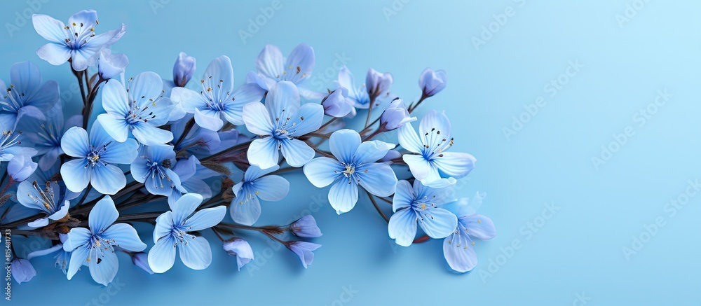 A copy space image featuring blue spring flowers set against a matching blue backdrop
