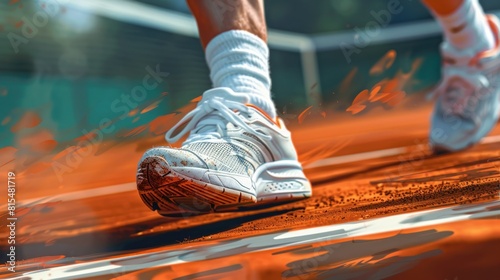 A tennis player is shown in a white shoe with orange streaks on the court