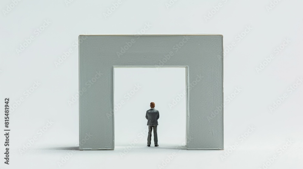 A man stands in front of a large white building with a doorway A man stands in front of a large white building with a doorway