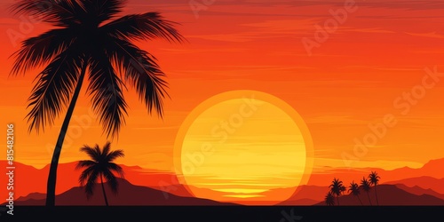 Palm tree on the side of the banner against the backdrop of an orange sunset and warm sky tones