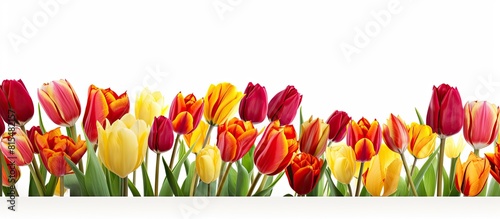 A copy space image featuring a stunning collection of red and yellow tulip flowers set against a clean white background