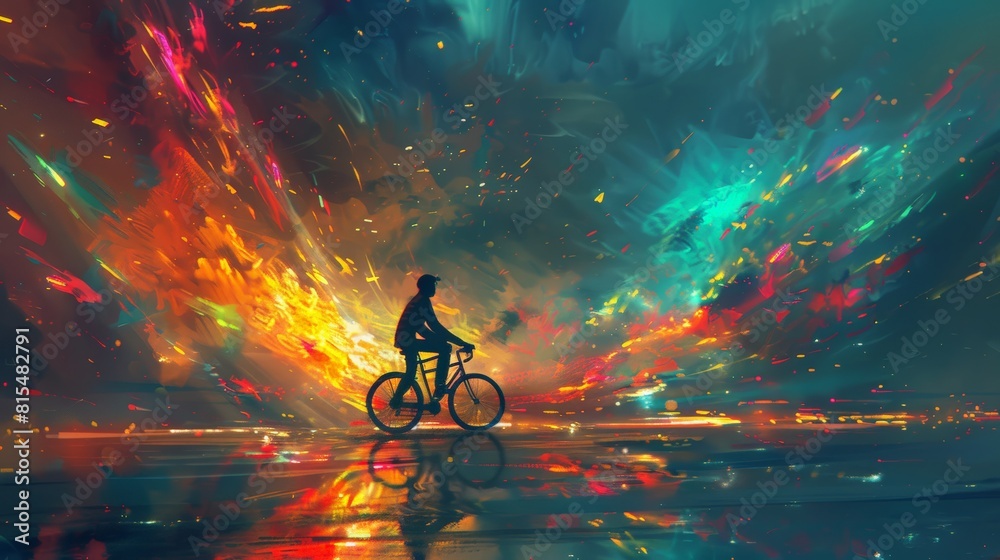 Naklejka premium A man is riding a bicycle in a colorful, abstract painting