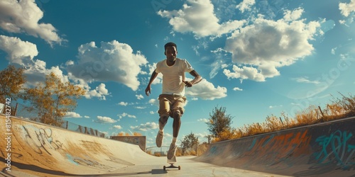 Wallpaper Mural Stylish ethnic man running on skate ramp Torontodigital.ca