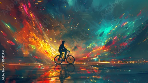 A man is riding a bicycle in a colorful, abstract painting © Tanakorn
