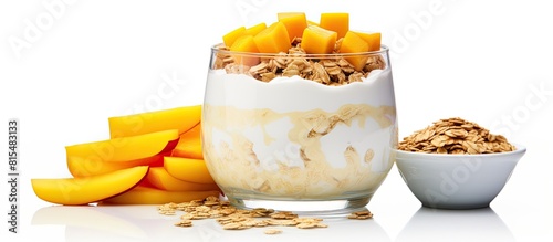 A healthy snack made with mango yogurt and granola Note Please note that this paraphrase does not include the phrase copy space image as it does not seem to fit naturally into this context photo