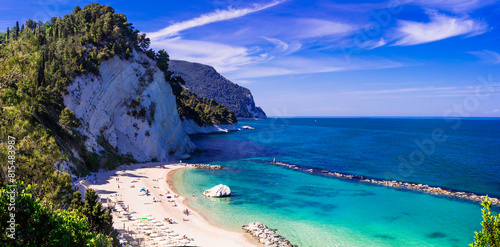 Italy summer holidays, best scenic sea landscape and beaches of Riviera del Conero- natural park near Ancona. View of picturesque beach Spiaggia del Frate