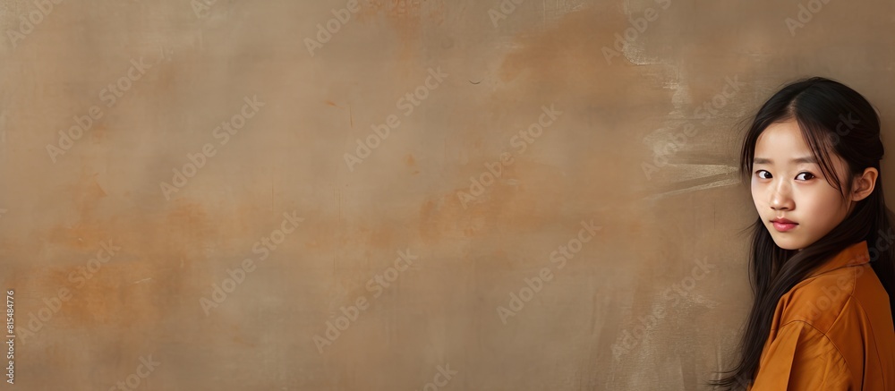 Obraz premium An Asian girl stands before a brown wall There is copy space for an image