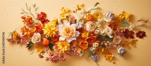 A floral arrangement is captured from an aerial perspective on a soft yellow backdrop offering ample space for additional elements