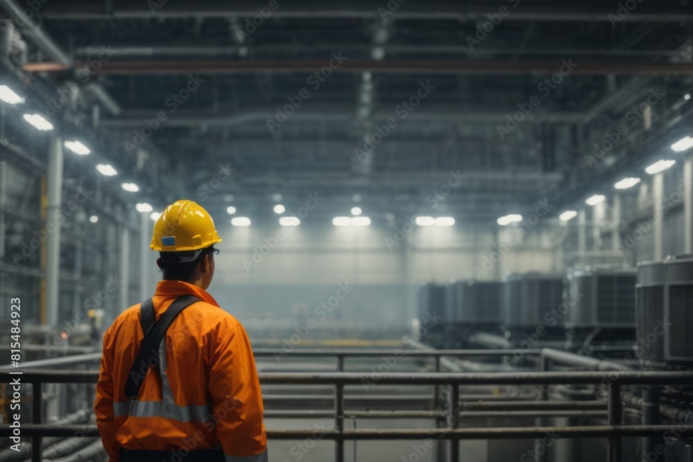 Engineer examines tower of large industrial building to control system Engineer examines tower of large industrial building to control system