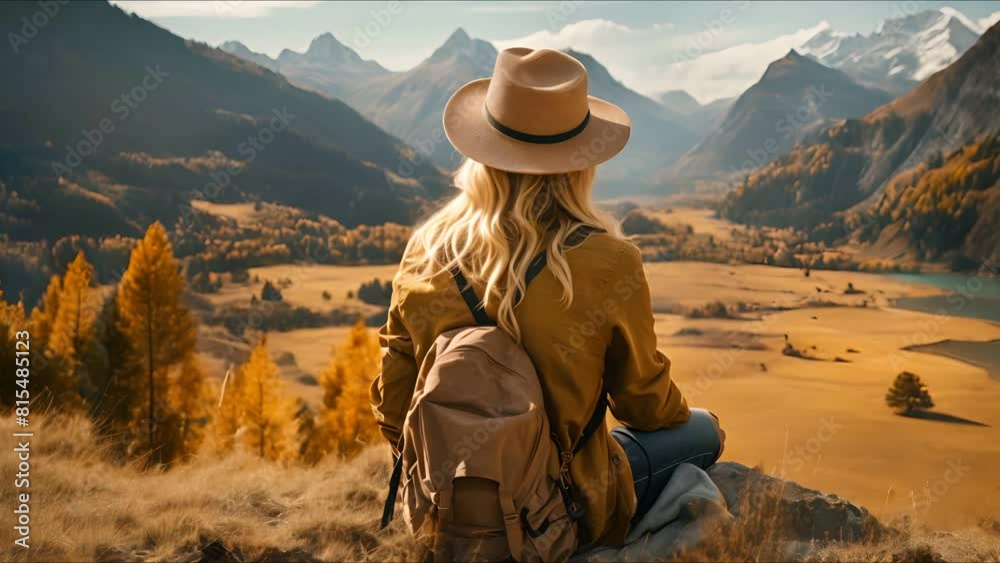View of young woman traveler sitting , Happy woman traveler looking at mountain background View of young woman traveler sitting , Happy woman traveler looking at mountain background