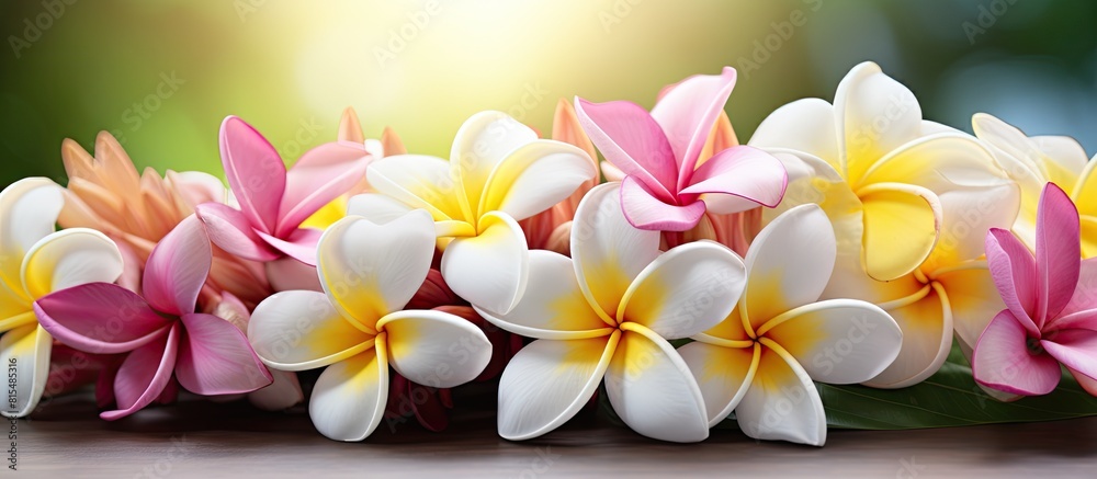 A colorful mix of Frangipani flowers in pink white and yellow also known as Plumeria are set against a blurred background of fresh green leaves enhancing the spa and relaxation concept of this copy s A colorful mix of Frangipani flowers in pink white and yellow also known as Plumeria are set against a blurred background of fresh green leaves enhancing the spa and relaxation concept of this copy s