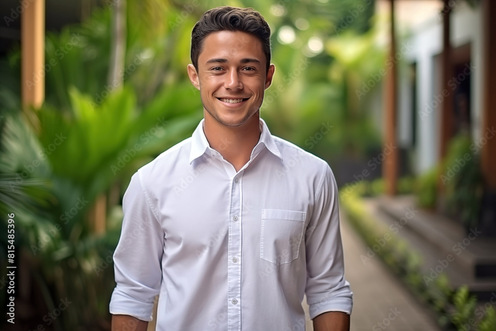 Portrait of handsome young man smiling at the camera while standing outdoors Portrait of handsome young man smiling at the camera while standing outdoors