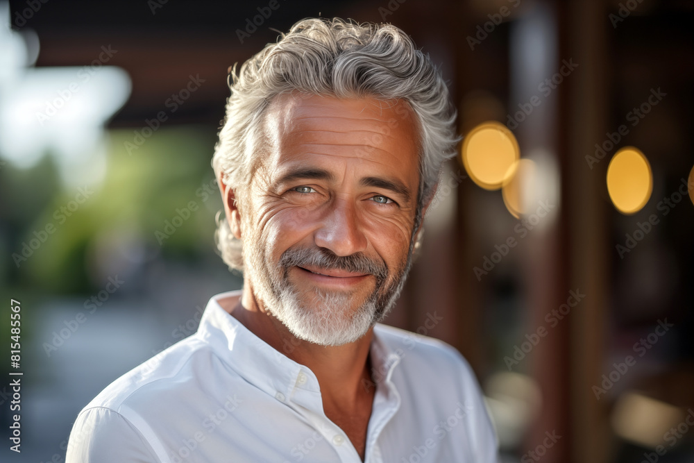 Portrait of handsome mature man with grey hair and beard looking at camera outdoors