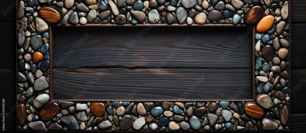 An antique black wooden photo frame intricately carved and adorned with vibrant colored pebbles ready for your copy space image An antique black wooden photo frame intricately carved and adorned with vibrant colored pebbles ready for your copy space image