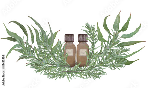 ローズマリーとユーカリと精油の瓶・精油＆アロマ・芳香植物