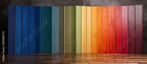 A wooden folding screen stands on a colorful backdrop creating an enticing copy space image photo