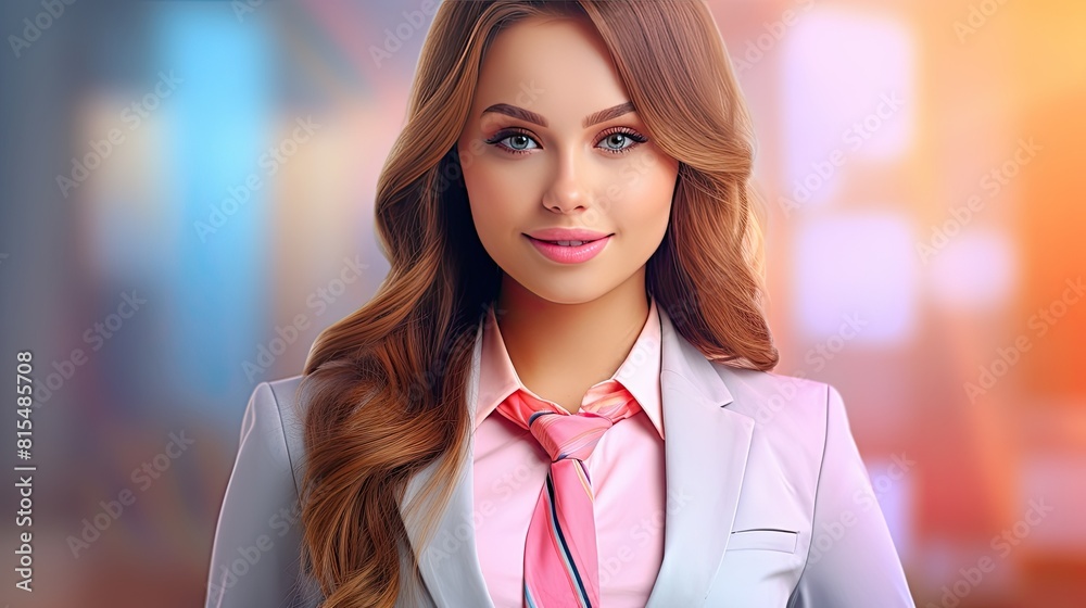 Fototapeta premium Portrait of a young beautiful woman with long wavy hair in suit. Business lady. Confident female entrepreneur. Close-up of the face against the backdrop of the office. Illustration for cover, ad, etc.