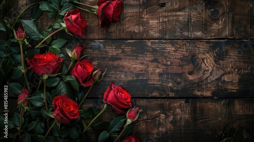 Beautiful vintage filtered red roses placed on a rustic dark wood background make a perfect gift for Valentine s Day birthdays or any special occasion