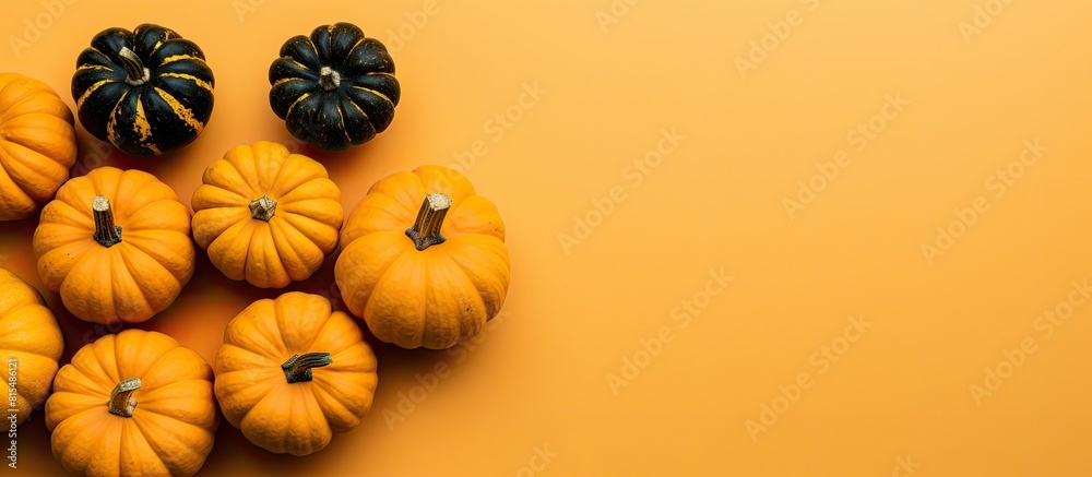 Top view of pumpkins on a yellow background creating a festive autumn atmosphere This flat lay image is perfect for emphasizing the essence of Halloween and Thanksgiving with ample copy space availab Top view of pumpkins on a yellow background creating a festive autumn atmosphere This flat lay image is perfect for emphasizing the essence of Halloween and Thanksgiving with ample copy space availab