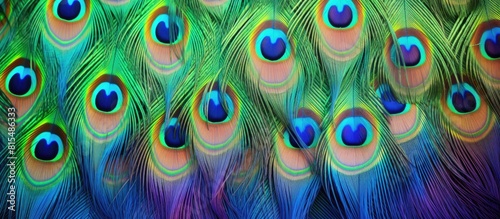 Colorful tail feathers of a peacock are being displayed creating an attractive copy space image © HN Works