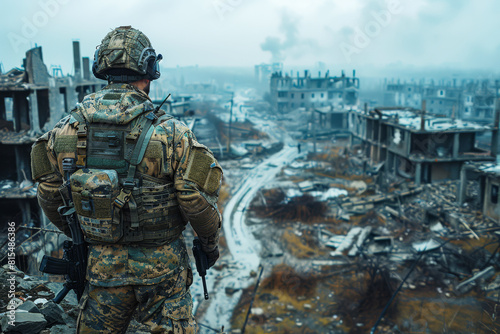 A soldier in military attire stands amidst the devastated ruins of a city, surveying the aftermath of a war conflict