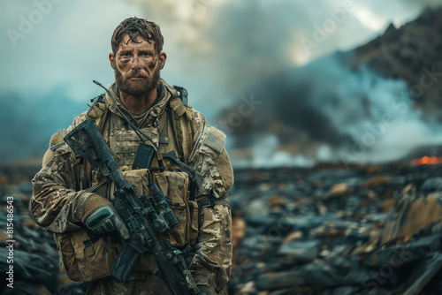 Confident soldier holds his weapon by the desolate war-torn landscape, war conflict concept © Kmikhidov