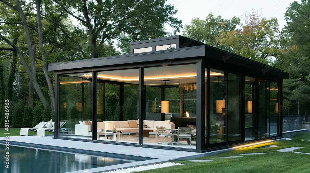 A Glass Pavilion with a Black Frame Embracing Nature's Beauty A Glass Pavilion with a Black Frame Embracing Nature's Beauty