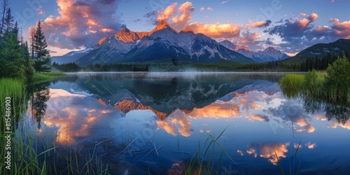 sunset in the mountains at a calm lake reflecting the peaks